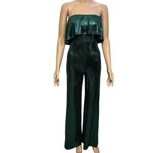 Fashion Nova Sequin Jumpsuit XS Ruffle Wide Leg Strapless Disco Party Sparkly